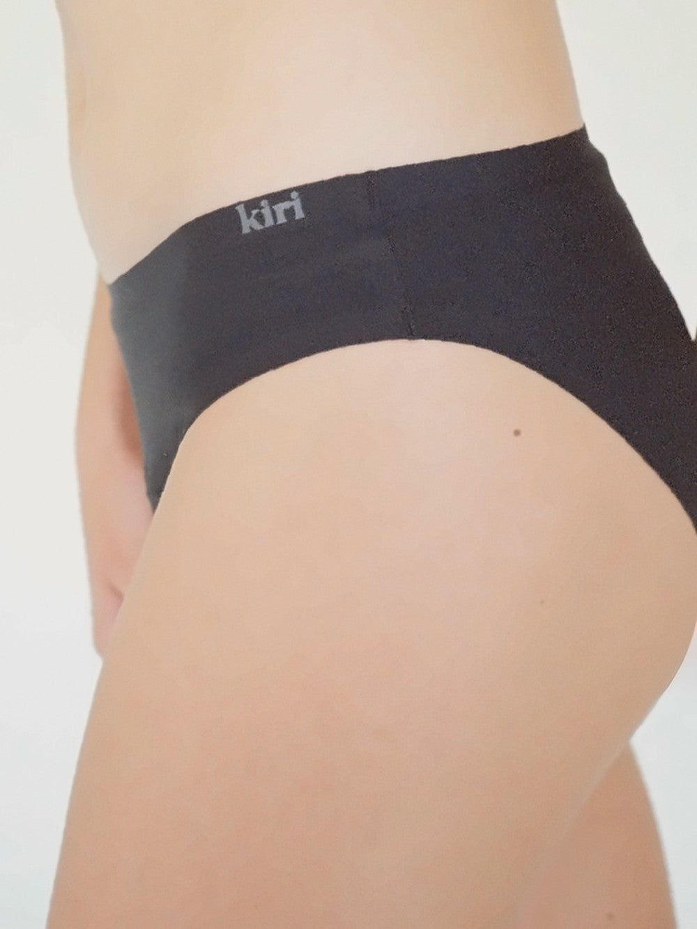 Close-up of Kiri Nisha Black daywear period underwear worn, showing the smooth kiri waistband