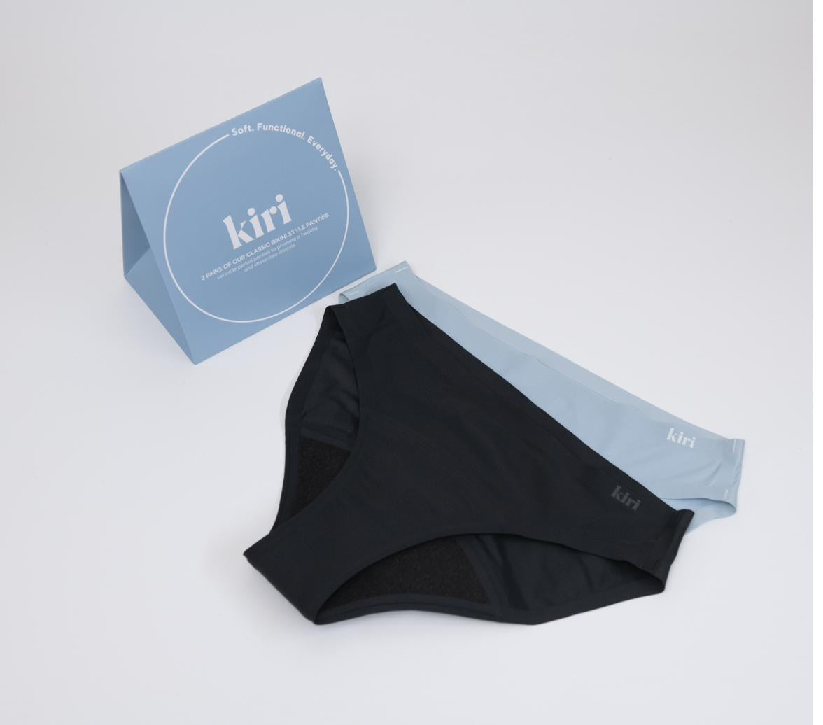Kiri box with Nisha Black and Celeste Blue daywear period underwear